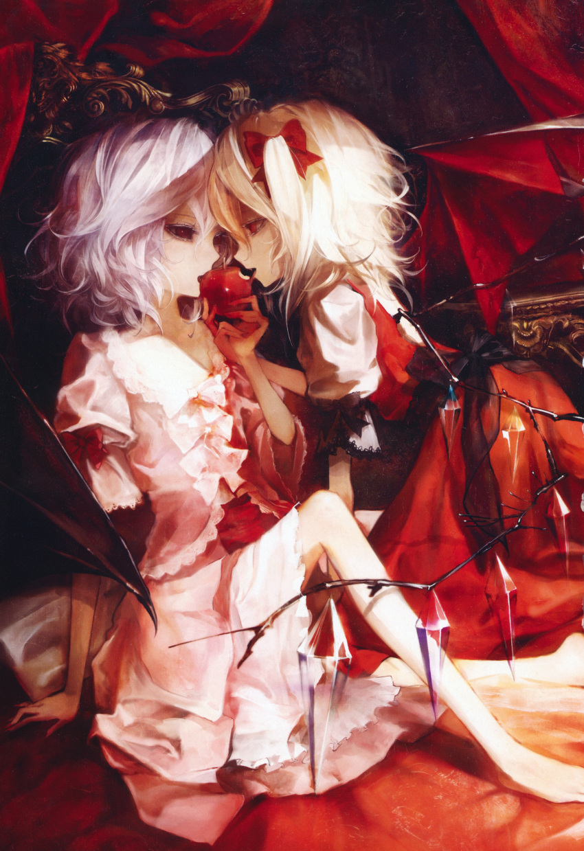 apple arm_support banpai_akira bare_legs barefoot bat_wings blonde_hair crystal face-to-face face_to_face feet flandre_scarlet food fruit highres multiple_girls no_hat no_headwear remilia_scarlet scan shared_food short_hair siblings side_ponytail sisters sitting tongue touhou vampire white_hair wings yuri