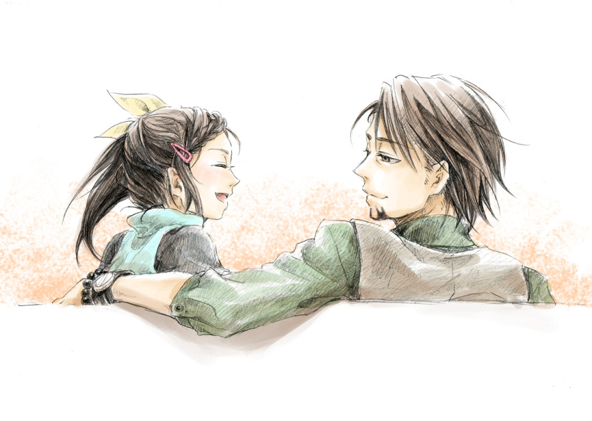 age_difference back beard bow bows bracelet braid braids brown_eyes brown_hair closed_eyes costume couch duo eyes_closed face_to_face facial_hair family father father_and_daughter green_shirt hair_bow hair_clip hair_ornament hairclip happy jewelry kaburagi_kaede kaburagi_t_kotetsu kayoe_aya long_hair open_mouth shirt side_view simple_background sitting smile stubble tiger_&amp;_bunny vest waistcoat watch white_background wristwatch