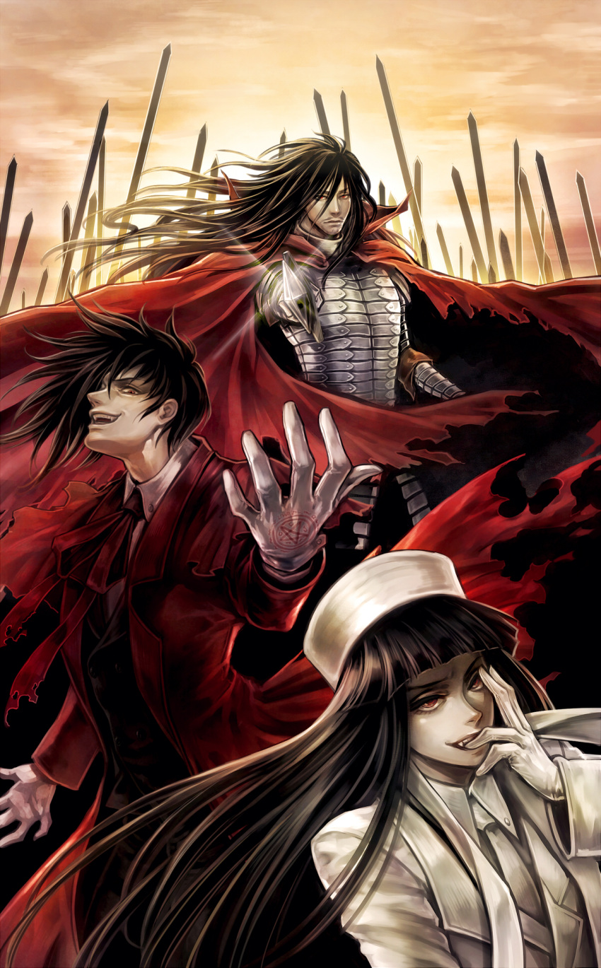 alucard_(hellsing) armor beard black_hair cape coat eyelashes facial_hair formal fur_hat genderswap girlycard gloves hat hellsing hellsing:_the_dawn highres long_hair magic_circle male multiple_persona mustache necktie pentagram red_eyes smile smirk stubble suit sword tetra_takamine vampire vlad_tepes vladmir_tepes waistcoat weapon white_gloves