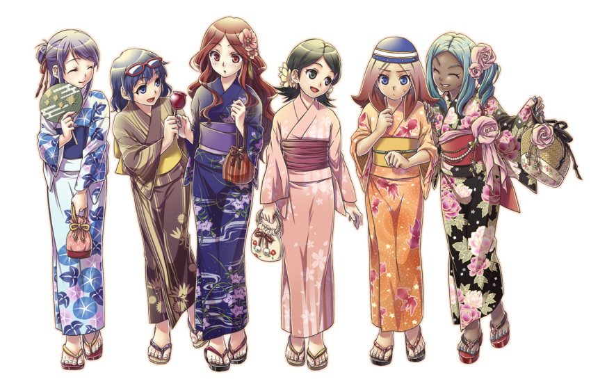 blue_eyes blue_hair blush brown_hair closed_eyes egasumi eyes_closed floral_print flower glasses green_hair hair_flower hair_ornament hat inazuma_eleven inazuma_eleven_(series) japanese_clothes kimono kino_aki kudou_fuyuka long_hair multiple_girls oto_nagi otonashi_haruna pink_hair purple_hair raimon_natsumi sandals short_hair smile urabe_rika zaizen_touko