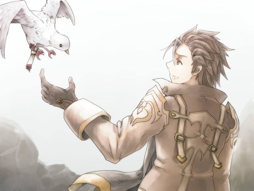 alvin_(tales_of_xillia) bird brown_eyes brown_hair gloves male scarf smile solo tales_of_(series) tales_of_xillia white_background
