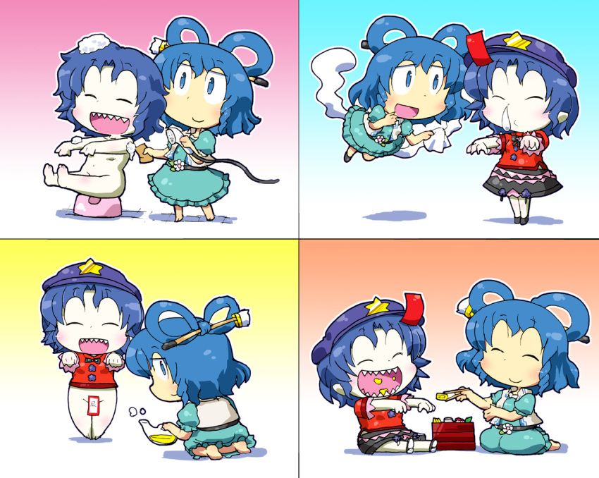 :d barefoot bathing beret blue_eyes blue_hair blush brush censored chibi chopsticks closed_eyes convenient_censoring dress eating fangs feeding floating flower foam food gomi_ichigo gradient gradient_background hair_rings hair_stick happy hat jiangshi kaku_seiga looking_at_viewer looking_back lunchbox miyako_yoshika multiple_girls navel no_pants nude ofuda open_mouth outstretched_arms pale_skin seiza sharp_teeth shiny short_hair shower_head simple_background sitting skirt smile snot star tissue touhou urinal_bottle zombie_pose