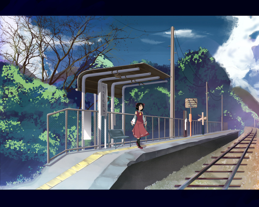 ascot bare_tree black_hair bow cloud contemporary detached_sleeves hair_bow hakurei_reimu horayama letterboxed miko railroad_tracks short_hair sky solo standing touhou train_station tree