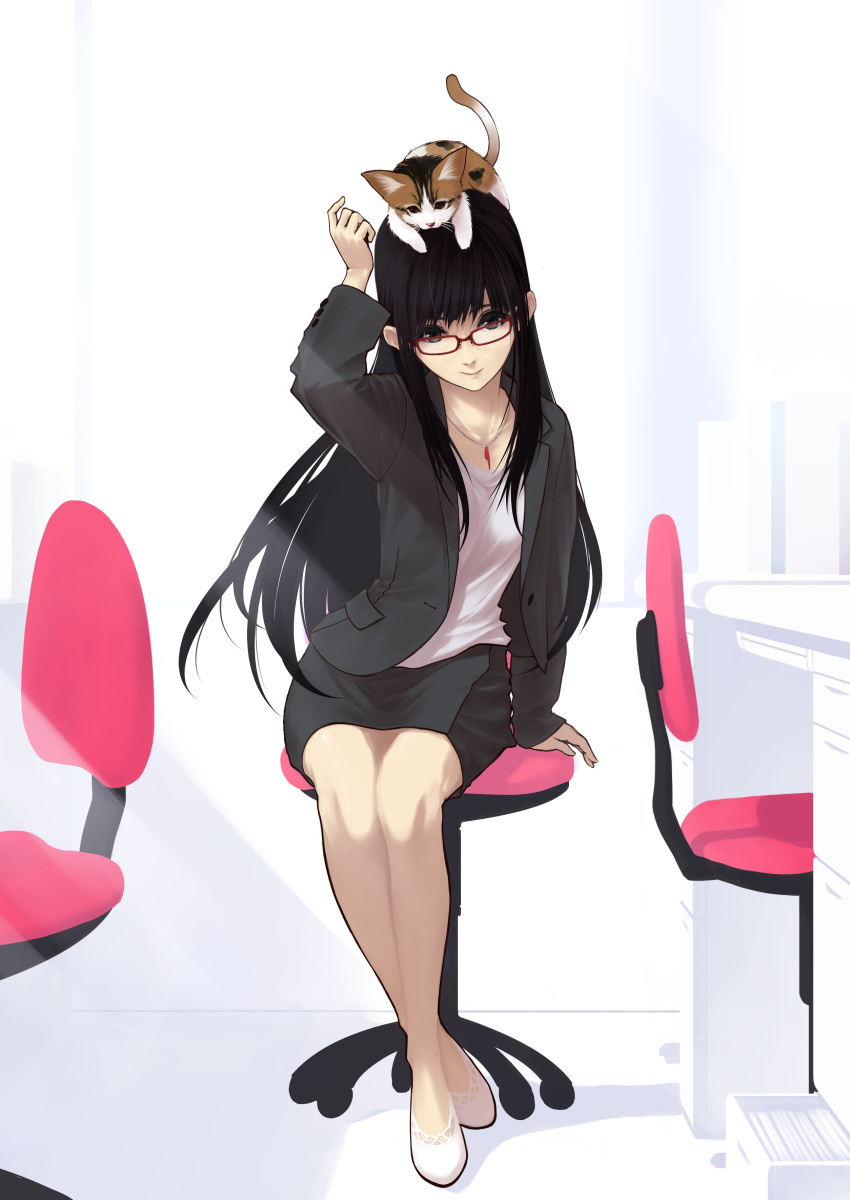 animal_on_head arm_support arm_up bare_legs black_eyes black_hair cat cat_on_head collarbone formal glasses highres jewelry koharu_nosuke long_hair looking_at_viewer necklace object_on_head office_chair red-framed_glasses rikunabi_next rikunabi_next_miho-san sitting skirt_suit smile solo suit