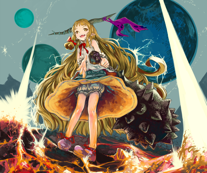 blonde_hair bloomers broken_ground dareruraito foreshortening highres horn_ribbon horns ibuki_suika long_hair mace open_mouth pointy_ears ribbon solo standing touhou very_long_hair weapon yellow_eyes