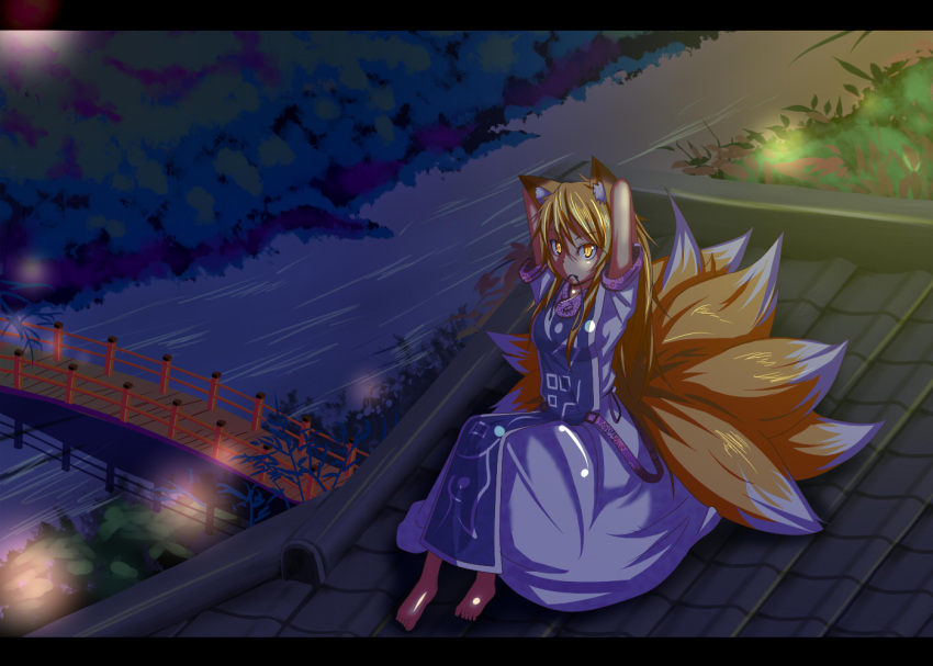 adjusting_hair alternate_hairstyle animal_ears arms_behind_head artist_request barefoot blonde_hair bridge dress fox_ears fox_tail highres letterboxed long_hair mouth_hold multiple_tails night no_hat no_headwear river rooftop sitting slit_pupils solo tail tamahana touhou yakumo_ran yellow_eyes