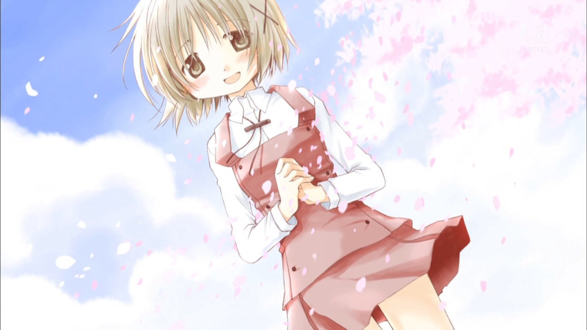 aoki_ume blue_sky blush brown_eyes brown_hair cherry_blossoms cloud hair_ornament hairpin hands_together hidamari_sketch long_sleeves looking_at_viewer official_art open_mouth school_uniform short_hair skirt sky smile solo string_tie yuno
