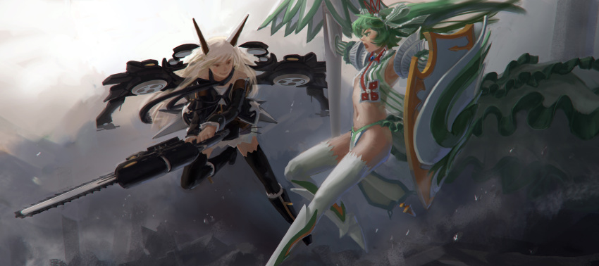 2girls absurdres aerial_battle battle blonde_hair boots chainsaw doyora epic faux_traditional_media green_eyes green_hair hatsune_miku highres horns lance long_hair long_image midriff multiple_girls original polearm shield thigh-highs thigh_boots thighhighs vocaloid weapon wide_image