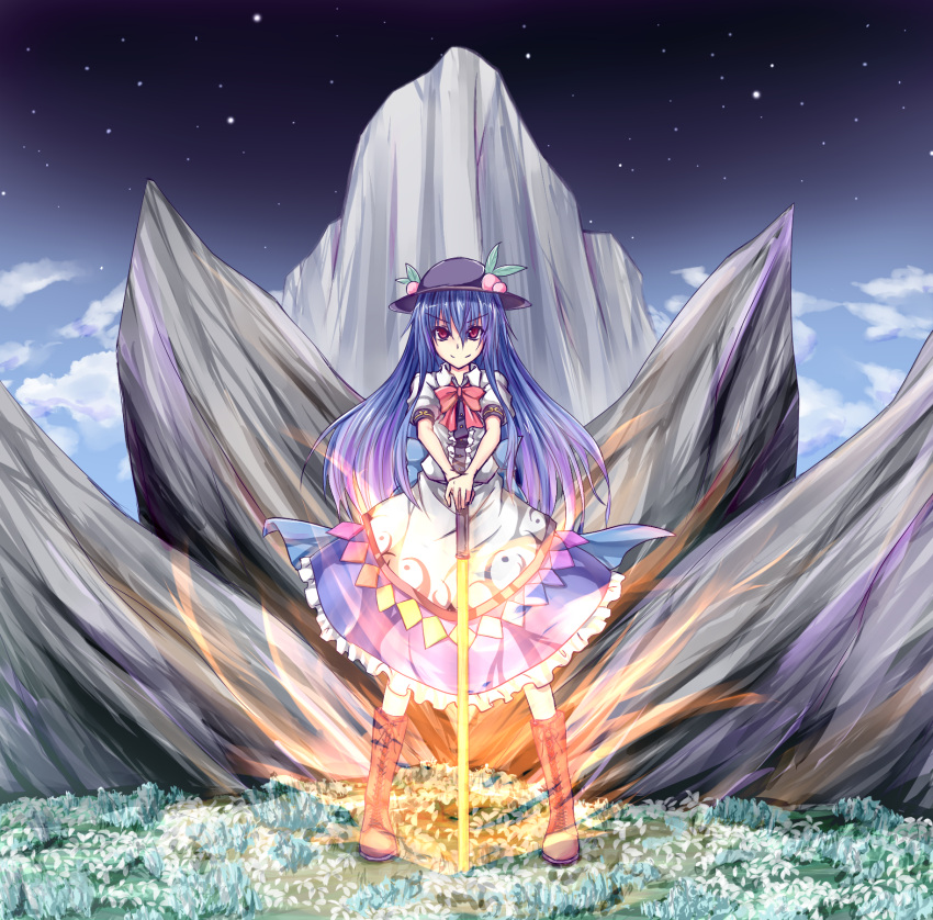 &gt;:) blue_hair boots hands_on_hilt hat highres hinanawi_tenshi knee_boots long_hair looking_at_viewer oukawa_yuu red_eyes skirt solo standing sword sword_of_hisou touhou weapon