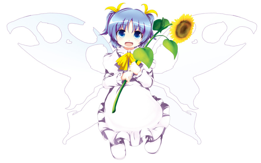 :d ascot blue_eyes blue_hair chipika dress fairy fairy_wings flower hair_ribbon highres looking_at_viewer open_mouth ribbon short_twintails simple_background smile solo sunflower sunflower_fairy touhou twintails white white_background white_dress wings