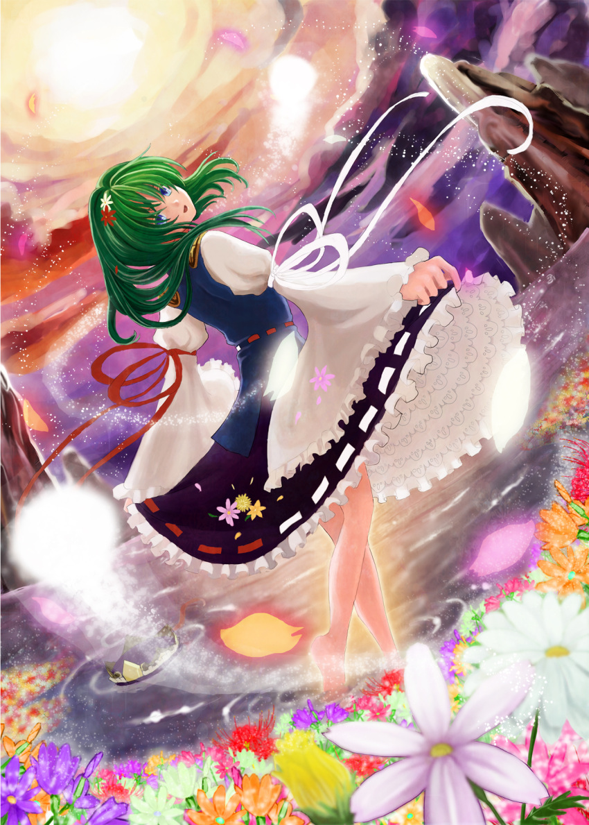 1girl barefoot blue_eyes dancing flower flower_field flower_on_head frills from_behind gathers green_hair hair_flower hair_ornament hat hat_removed headwear_removed highres hitodama light_particles long_hair no_hat petals petticoat ribbon shikieiki_yamaxanadu skirt skirt_hold solo spider_lily touhou urabe_michiru water wide_sleeves