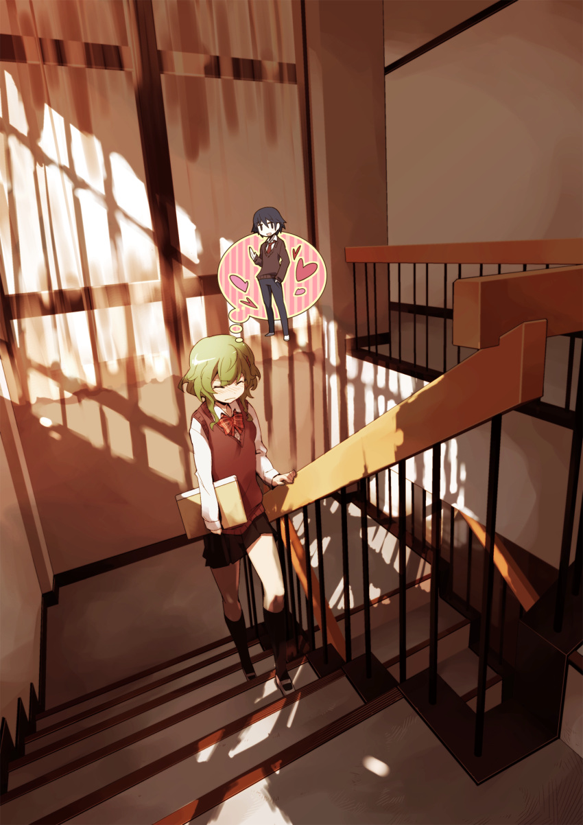 blush bowtie closed_eyes eyes_closed green_hair gumi heart highres indoors school school_uniform short_hair skirt solo stairs thought_bubble toda_youkon vocaloid