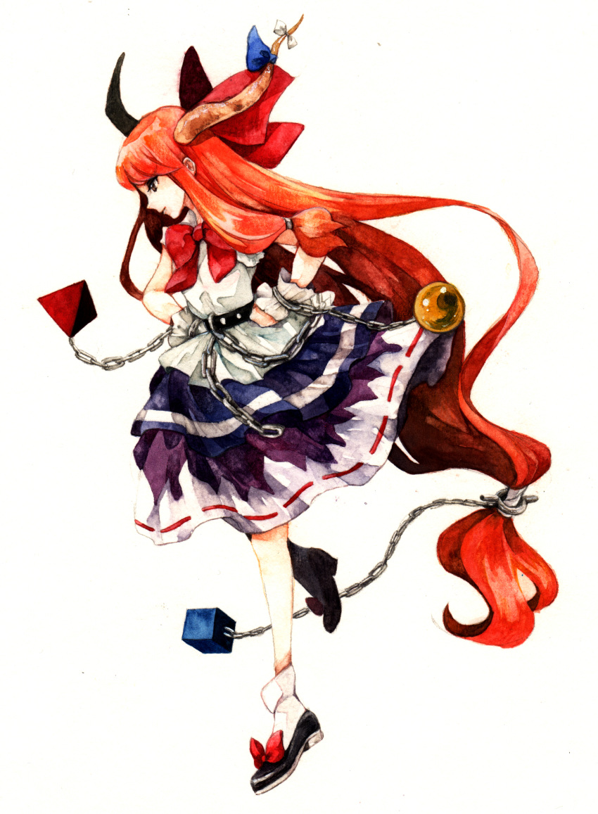 1girl absurdly_long_hair absurdres belt black_shoes bow brown_eyes chain full_body hair_bow hands_on_hips highres horn_ribbon horns ibuki_suika long_hair looking_to_the_side orange_hair profile ribbon ribbon-trimmed_skirt shoes simple_background skirt sleeveless sleeveless_shirt smile socks solo standing_on_one_leg touhou traditional_media umiuma very_long_hair watercolor_(medium) white_background white_legwear