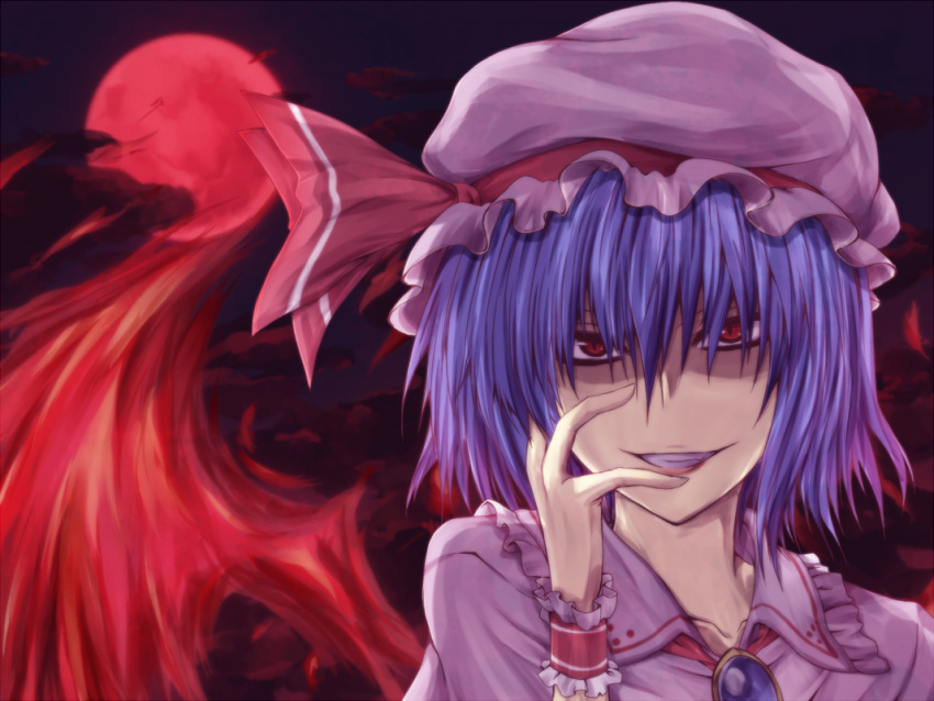blue_hair full_moon hat moon oukawa_yuu red_eyes red_moon remilia_scarlet solo touhou wings
