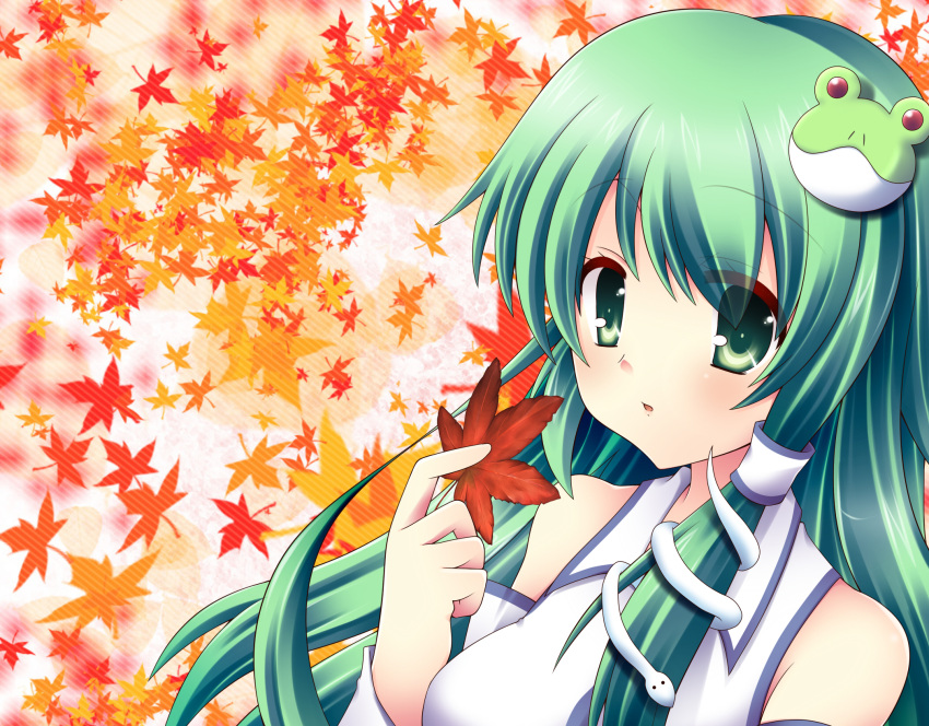 autumn autumn_leaves bare_shoulders detached_sleeves green_eyes green_hair hair_ornament hair_tubes highres kochiya_sanae leaf maple_leaf mashiro_yuki solo touhou