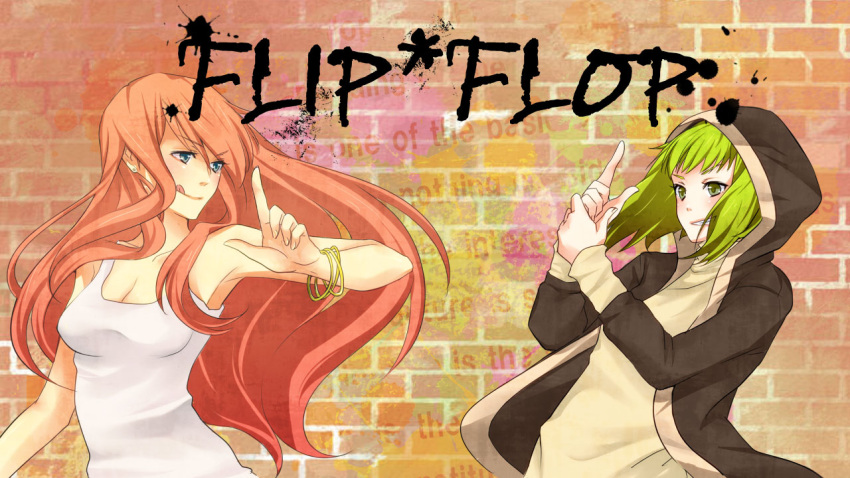 blue_eyes bracelet brick_wall flip_flop_(vocaloid) graffiti green_eyes green_hair gumi hoodie jewelry long_hair masami_chie megurine_luka pink_hair short_hair smile tank_top tongue vocaloid