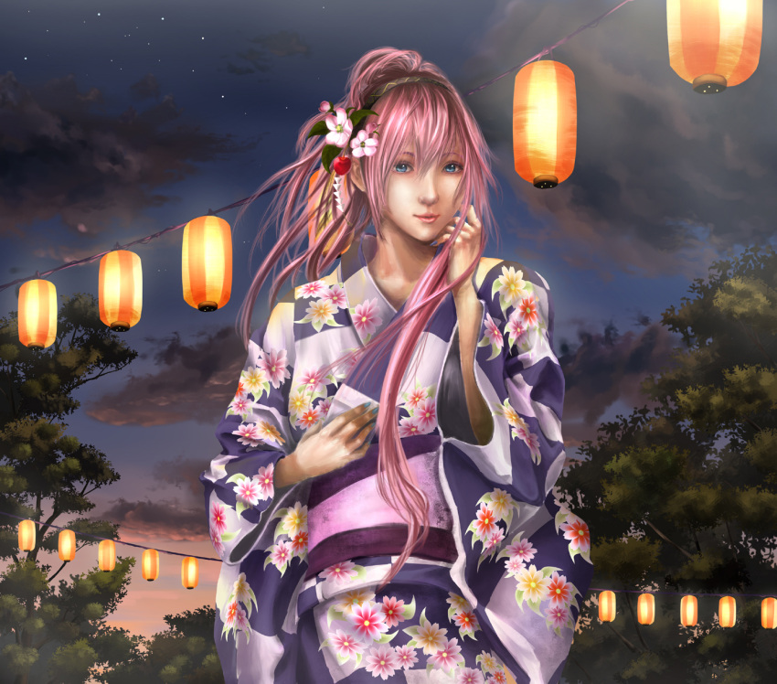 blue_eyes bud cloud flower food fruit hair_ornament hairband highres japanese_clothes kimono lamp lantern leaf long_hair megurine_luka nail_polish paper_lantern pink_hair realistic smile solo star_(sky) summer_festival tree vocaloid yorubehakiete_tenohiragaeshi