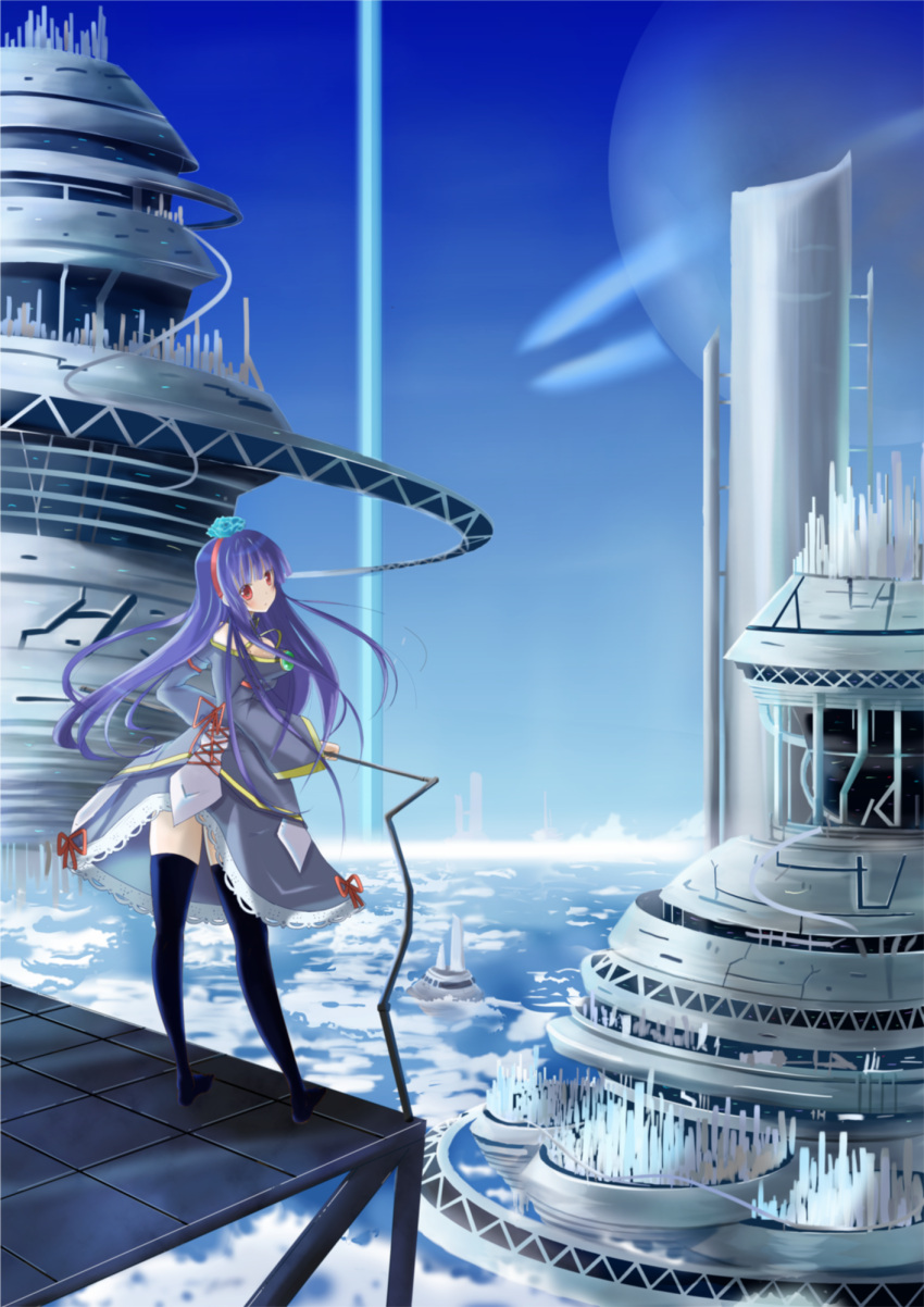blue_hair cloud dress from_behind fuusin hairband highres long_hair looking_at_viewer looking_back no_shoes original red_eyes sky solo standing thigh-highs thighhighs