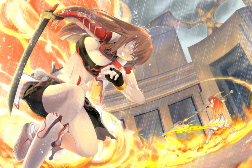 breasts brown_hair bustier cleavage clenched_teeth fighting fire grimace heterochromia lingerie navel original polearm rain red_eyes ringed_eyes rouzille spear sword taut_shirt torn_clothes underwear weapon wings yellow_eyes