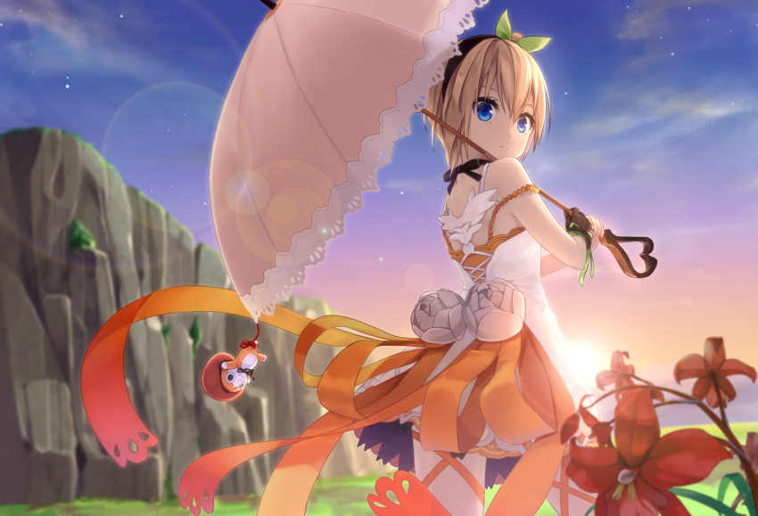 1girl blonde_hair blue_eyes doll edna_(tales) expressionless flower hairband looking_back meso-meso ribbon short_hair skirt sky solo tales_of_(series) tales_of_zestiria umbrella