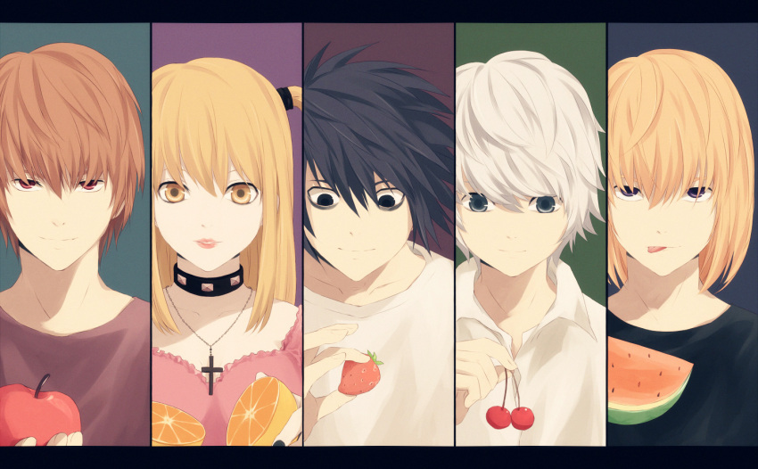 4boys amane_misa apple black_hair black_nails blonde_hair blue_background brown_background cherry choker collar collarbone cross death_note food fruit green_background hair_between_eyes holding holding_apple holding_fruit holding_strawberry l light_smile lips looking_at_viewer looking_down mello multiple_boys near nostrils orange out_of_character panels purple_background saik short_hair smile spiked_hair strawberry tongue tongue_out watermelon white_hair yagami_light yellow_eyes