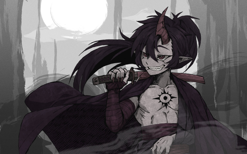 1boy absurdres bandaged_arm bandages black_hair chest_tattoo collarbone fingernails grin highres holding holding_sword holding_weapon horns in_(ain) jacket jacket_on_shoulders katana korean_commentary long_fingernails long_hair mouth_hold nail_polish open_mouth original over_shoulder pectorals pointy_ears ponytail red_eyes red_nails ribs sash sharp_teeth sheath sheathed short_sword single_horn smile solo stalk_in_mouth sword tattoo teeth weapon weapon_over_shoulder