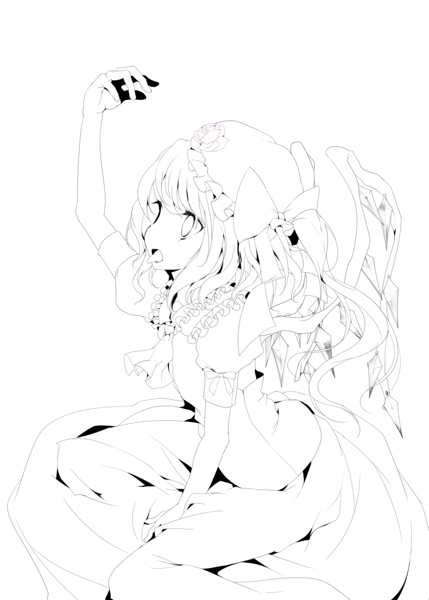 arm_up ascot between_legs bow flandre_scarlet flower hand_between_legs hat hat_bow hat_flower highres lineart monochrome open_mouth short_hair side_ponytail sitting skirt skirt_set solo the_embodiment_of_scarlet_devil tongue tongue_out touhou usotsukiya wings