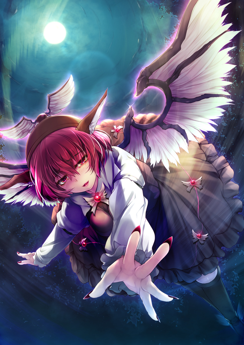 1girl animal_ears brown_dress claws dress fingernails full_moon hat highres kanno_kengo lips long_fingernails long_sleeves looking_at_viewer moon moonlight mystia_lorelei nail_polish night open_mouth outstretched_hand parted_lips petticoat pink_eyes pink_hair pov solo touhou winged_hat wings