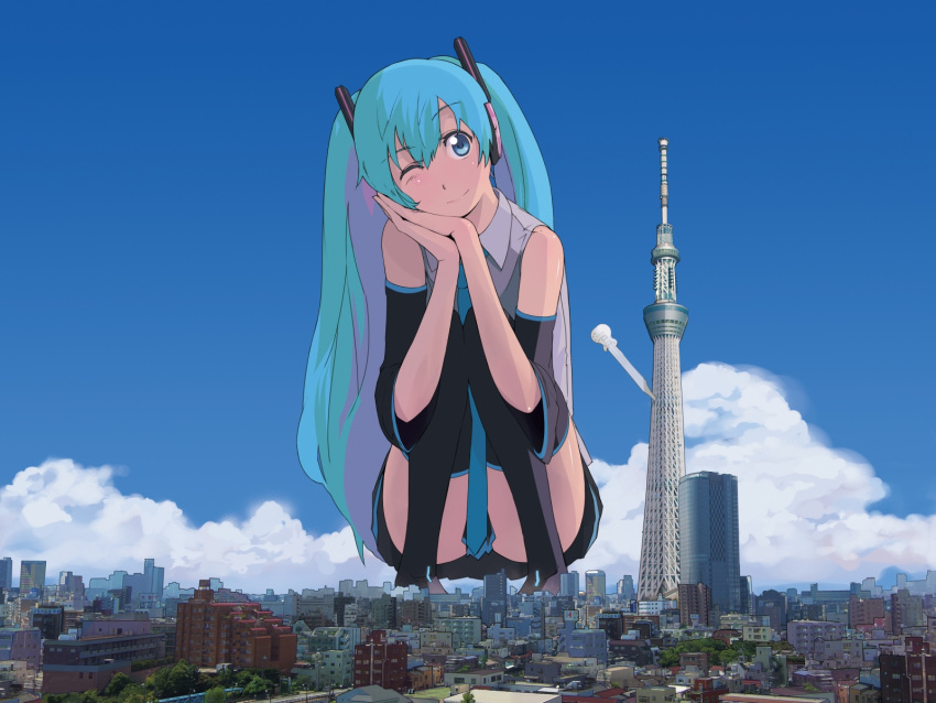 aqua_eyes aqua_hair censored city cityscape cloud convenient_censoring detached_sleeves giant giantess guitar_(artist) hands_together hatsune_miku head_tilt headphones highres long_hair necktie real_world_location scenery skirt sky smile solo squatting thigh-highs thighhighs tokyo_(city) tokyo_sky_tree tower twintails very_long_hair vocaloid wallpaper wink