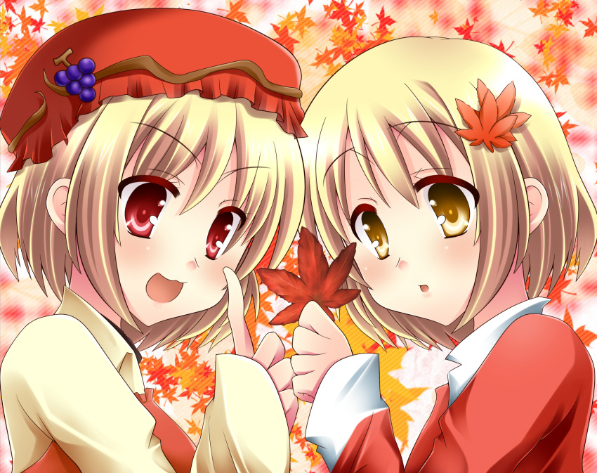 aki_minoriko aki_shizuha autumn autumn_leaves blonde_hair blush hat highres leaf leaf_background leaf_on_head mashiro_yuki multiple_girls red_eyes short_hair siblings sisters touhou yellow_eyes