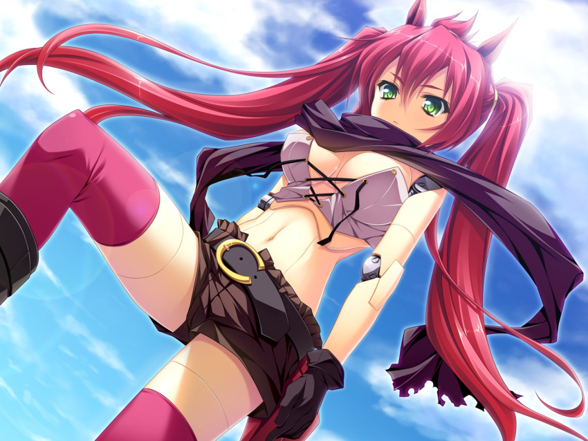 1girl belt cloud dutch_angle female from_below game_cg green_eyes highres lens_flare long_hair looking_down midriff mio_(otomimi_infinity) navel no_bra otomimi_infinity pink_legwear red_hair redhead robot_joints scarf short_shorts shorts sky solo thigh-highs thighhighs twintails yasaka_minato