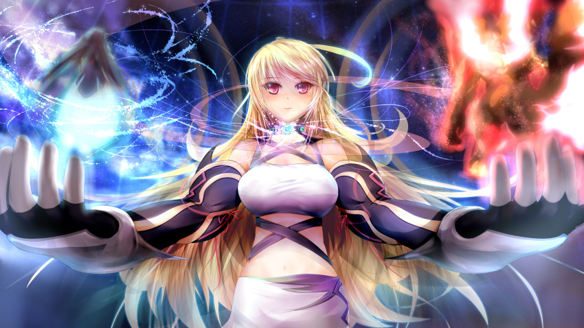 ahoge bare_shoulders blonde_hair choker detached_sleeves fingerless_gloves garyljq gloves highres long_hair magic midriff milla_maxwell multicolored_hair outstretched_arms red_eyes skirt smile solo tales_of_(series) tales_of_xillia