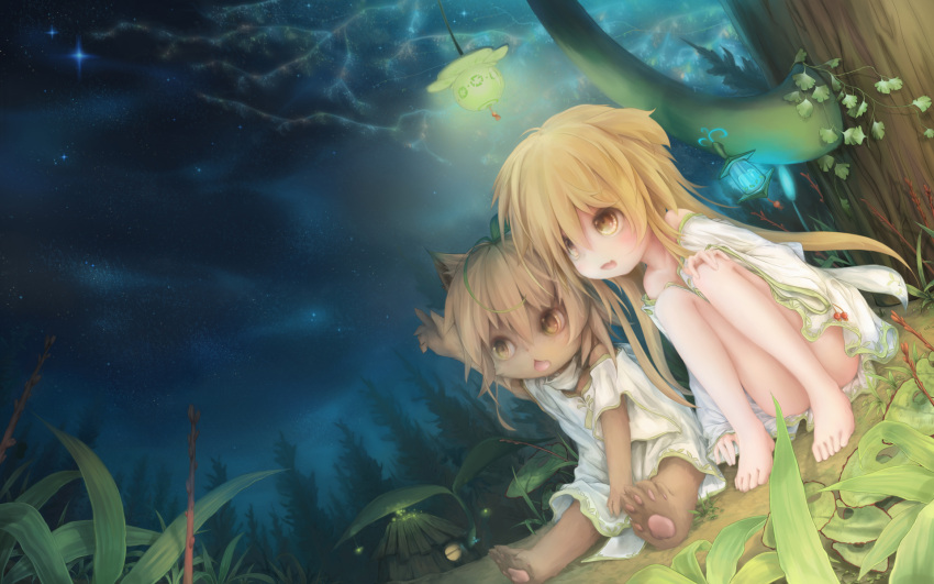 animal_ears artist_request bare_legs barefoot blonde_hair brown_eyes brown_hair child collarbone doggirl dress fang forest fur furry grass ground hand_on_knee highres lantern light long_hair looking_up manahui multiple_girls night off_shoulder on_ground open_mouth original paws pointing short_hair sitting sky star_(sky) starry_sky stars tree vines yellow_eyes