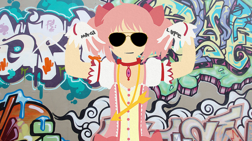 clothes_writing clothing_writing english gangster gloves graffiti highres jewelry kaname_madoka magical_girl mahou_shoujo_madoka_magica necklace no_lineart parody pink_hair ribbon sunglasses wallpaper