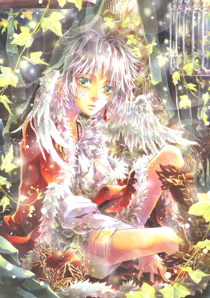 bad_id birdcage boots cage crown green_eyes highres ivy jewelry leaf male necklace original suzuneko-rin traditional_media white_hair wings
