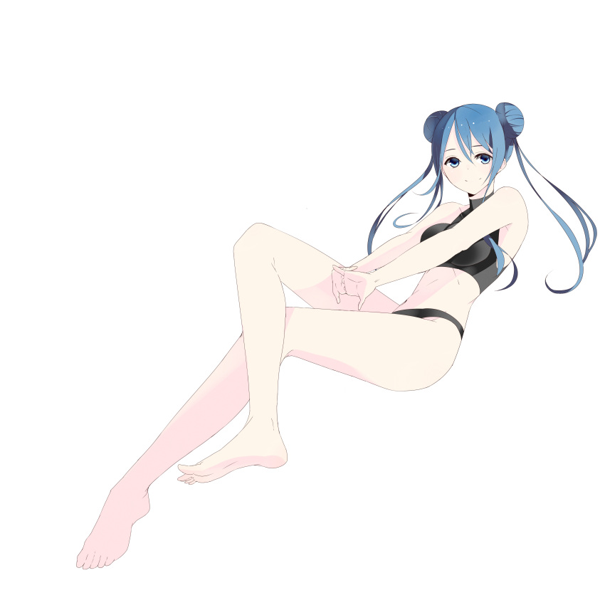 bangs bare_shoulders barefoot blue_eyes blue_hair copyright_request crossed_legs double_bun hands_clasped highres interlocked_fingers legs_crossed light_smile long_hair payot shinoi simple_background sitting solo swimsuit tankini white_background