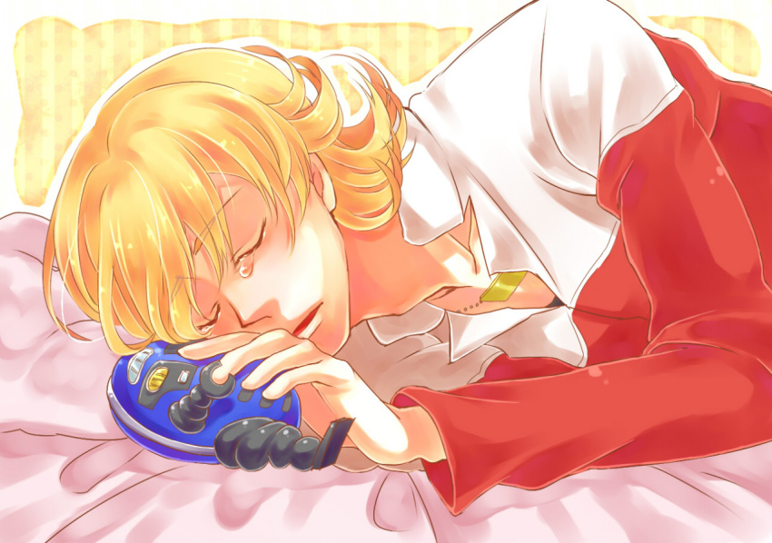 barnaby_brooks_jr blonde_hair jacket jewelry male necklace no_glasses pokupoku red_jacket robot sleeping solo tears tiger_&amp;_bunny toy toy_robot