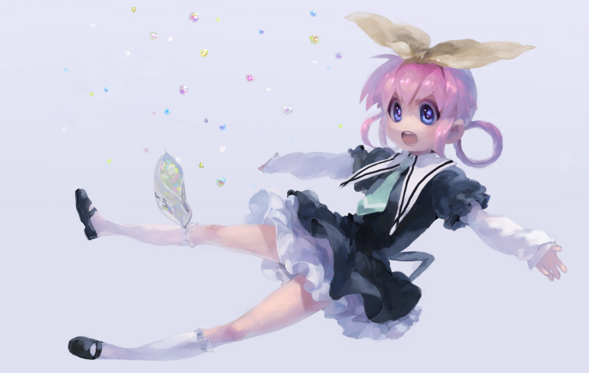 1girl falling hair_bow hair_rings kneehighs long_sleeves marble mary_janes msn0731 necktie no_nose open_mouth outstretched_arms petticoat pink_hair purple_eyes school_uniform sherlock_shellingford shoes short_dress short_hair simple_background solo spread_arms tantei_opera_milky_holmes violet_eyes