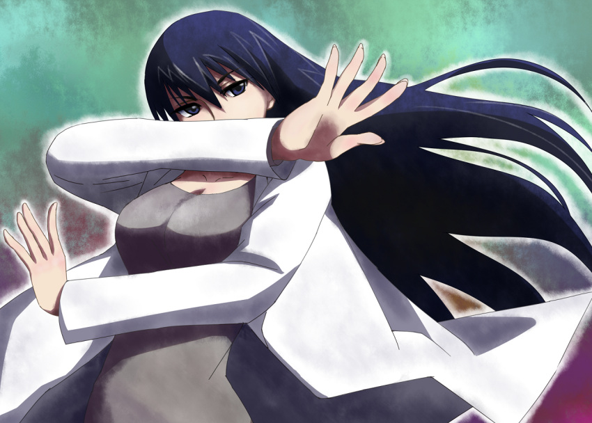 azumanga_daioh black_eyes black_hair labcoat long_hair morichan parody pose sakaki solo steins;gate