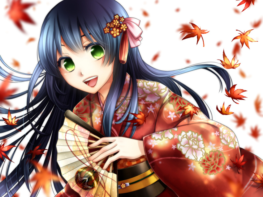 black_hair blurry blush bust depth_of_field fan floral_print folding_fan frogmakina green_eyes hair_ornament japanese_clothes kimono leaf long_hair looking_at_viewer makina_(frog) maple_leaf obi open_mouth original smile solo wallpaper