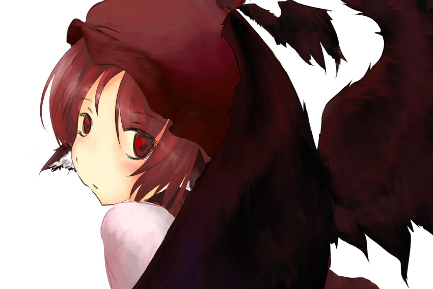 close-up face hat highres mystia_lorelei red_eyes red_hair redhead short_hair siguredoki simple_background solo touhou wings