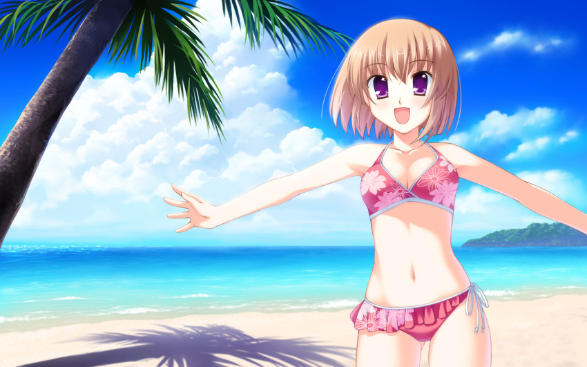 bikini blonde_hair blush breasts brown_hair cleavage cloud floral_print frilled_bikini frills happy navel open_mouth original outdoors outstretched_arms palm_tree purple_eyes shadow short_hair side-tie_bikini sky smile solo spread_arms swimsuit tree violet_eyes wallpaper water yamakaze yamakaze_ran