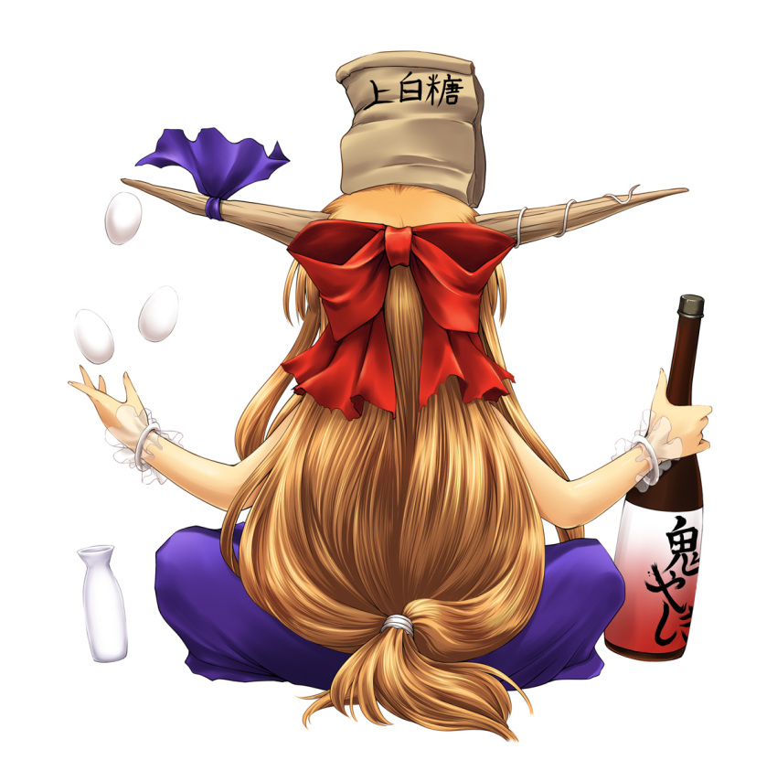 bottle bow egg from_behind hair_bow horns ibuki_suika juggling long_hair murasaki_kajima object_on_head orange_hair paper_bag ribbon sake simple_background sitting touhou wrist_cuffs