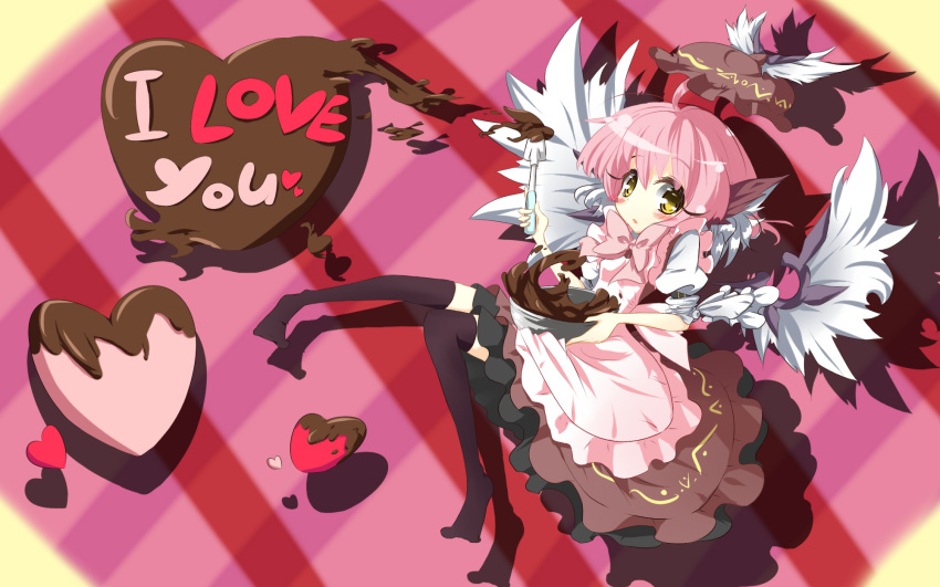 apron black_legwear black_thighhighs blush chocolate cooking hat hat_removed headwear_removed heart highres mystia_lorelei pink_hair short_hair solo thigh-highs thighhighs touhou urimono valentine wings yellow_eyes