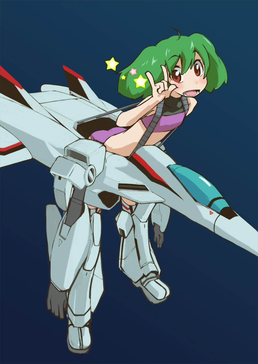 \m/ flat_chest gerwalk green_hair highres macross macross_frontier macross_frontier:_itsuwari_no_utahime mecha ranka_lee red_eyes seikan_hikou solo star tugeneko vf-25