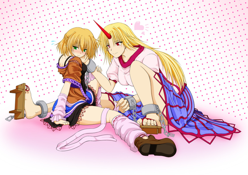 arm_warmers blonde_hair blush cuffs embarrassed geta green_eyes highres horn horns hoshiguma_yuugi legs long_hair looking_back mizuhashi_parsee multiple_girls pointy_ears red_eyes short_hair sitting skirt souyami touhou yuri