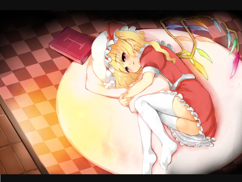blush book checkered checkered_floor flandre_scarlet hat highres legs lying on_side pillow pillow_hug ponytail red_eyes short_hair side_ponytail thigh-highs thighhighs toichi touhou white_legwear white_thighhighs wings
