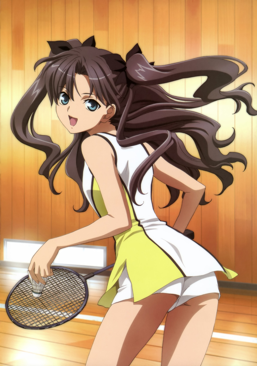 1girl :d absurdres ass badminton badminton_racket black_hair bow cute fate/stay_night fate_(series) female green_eyes gym_uniform hair_bow highres kikuchi_youko long_hair looking_at_viewer looking_back open_mouth racket shorts shuttlecock smile solo sportswear tennis_uniform tohsaka_rin toosaka_rin twintails