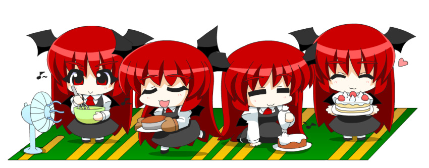 &gt;:) =_= ^_^ bat_wings blush bowl cake chibi closed_eyes cooking dress electric_fan eyebrows food fruit gloves happy head_wings heart icing kneeling koakuma long_hair minigirl musical_note necktie open_mouth oven_mitts pastry pun red_eyes red_hair redhead sequential smile solo standing_on_one_leg strawberry touhou very_long_hair whisk wings yamato_damashi