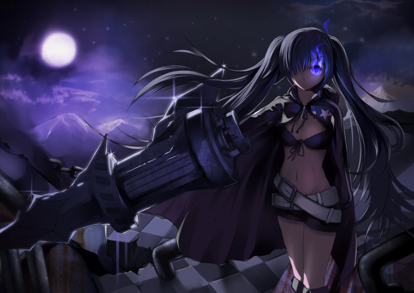 beltskirt bikini_top black_hair black_rock_shooter black_rock_shooter_(character) blue_eyes coat flat_chest full_moon glowing glowing_eye glowing_eyes highres huge_weapon ino_satsu insane_black_rock_shooter long_hair midriff moon navel night shorts solo star twintails very_long_hair weapon